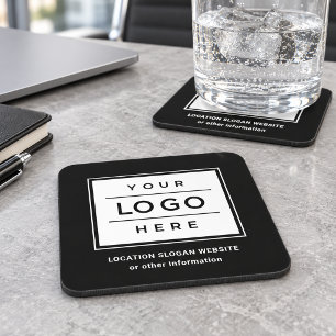 Square Custom Black Business Logo Company Branded Beverage Coaster