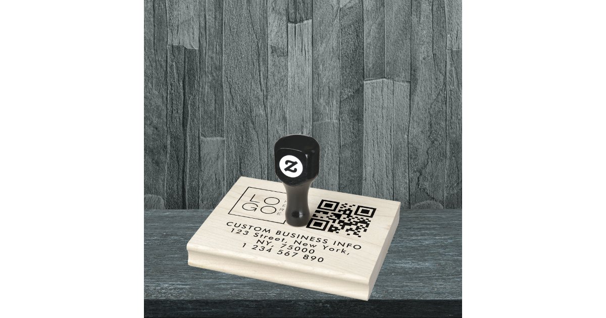 Square Custom Business Logo Qr Code & Address Rubber Stamp | Zazzle