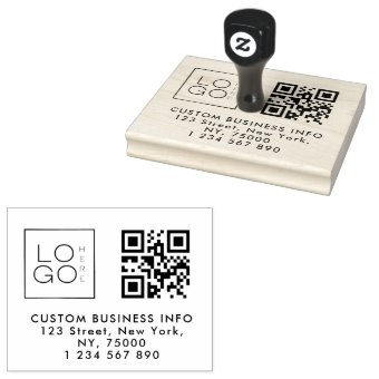 Square Custom Business Logo Qr Code & Address Rubber Stamp | Zazzle