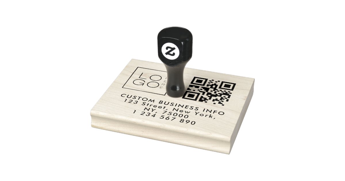 Square Custom Business Logo Qr Code & Address Rubber Stamp | Zazzle