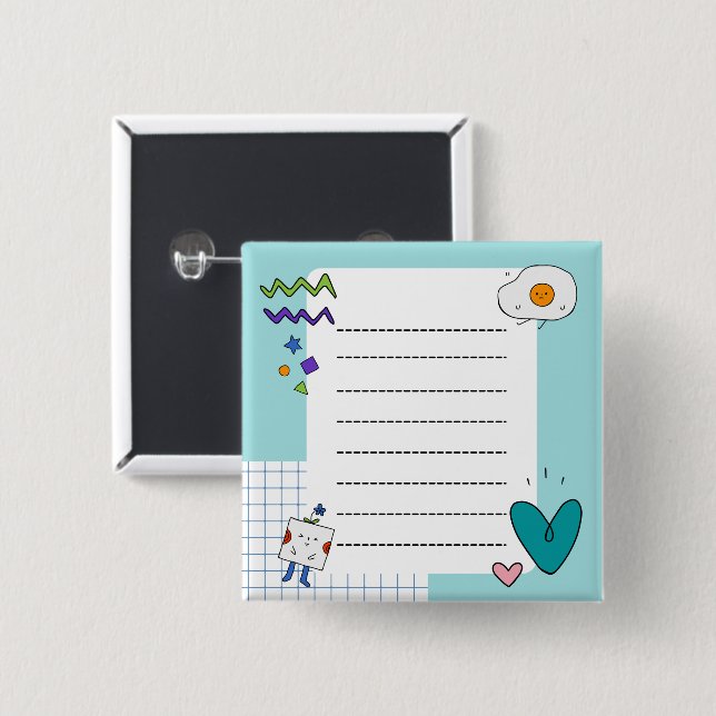 Square Cute Doodle Cartoon Memo Notes Button (Front & Back)