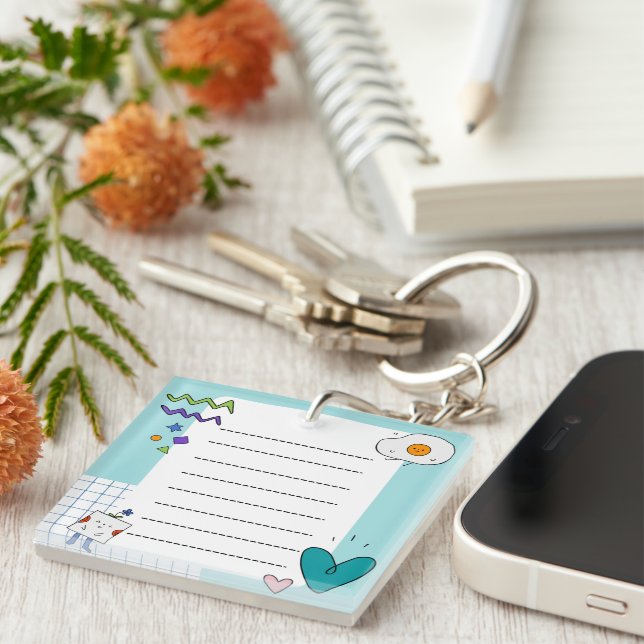 Square Cute Doodle Cartoon Memo Notes Keychain (Front Right)