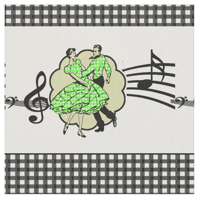 Square Dance Couple Green Check Dress Black Check Fabric (Close Up)