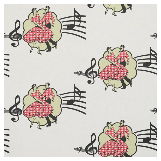 Square Dance Couple Red Check Dress Music Symbols Fabric (Swatch)