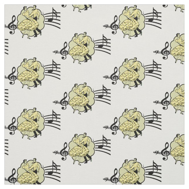 Square Dance Couple Yellow Check Dress Music Fabric (Swatch)