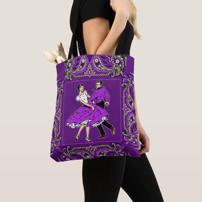 Square Dancing Couple Purple W/ Bandana Tote Bag (Close Up)