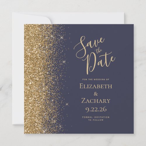 Square Dark Blue Gold Glitter Save the Date Announcement