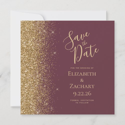 Square Dark Burgundy Gold Glitter Save the Date Announcement