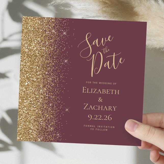 Square Dark Burgundy Gold Glitter Save the Date Announcement (Creator Uploaded)