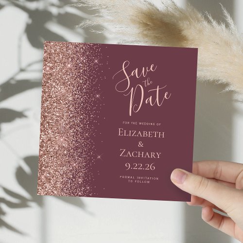 Square Dark Burgundy Rose Gold Save the Date Announcement
