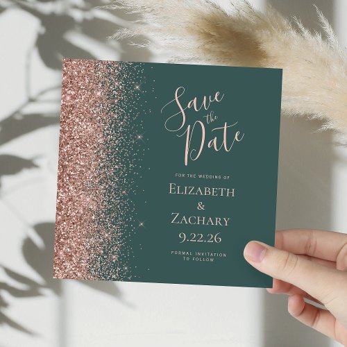 Square Dark Green Rose Gold Save the Date Announcement