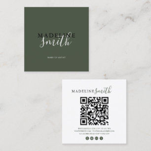 Square Dark Green Script QR code Square Business Card