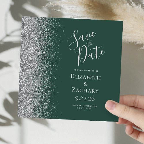 Square Dark Green Silver Glitter Save the Date Announcement