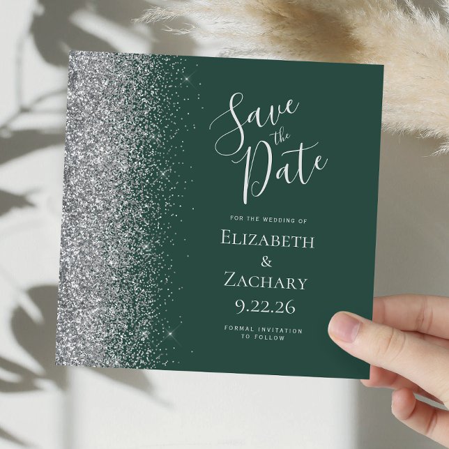 Square Dark Green Silver Glitter Save the Date Announcement (Creator Uploaded)