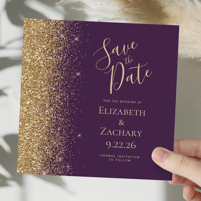 Square Dark Purple Gold Glitter Save the Date Announcement (Creator Uploaded)