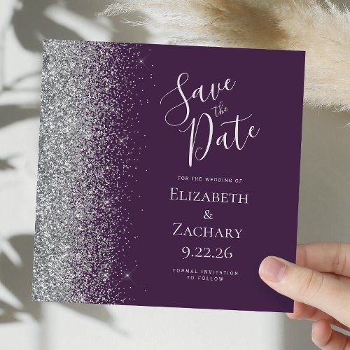 Square Dark Purple Silver Glitter Save the Date Announcement