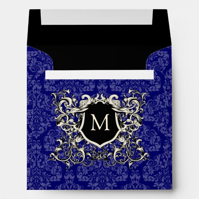 Square Dark Royal Blue Damask Monogram Envelopes (Back (Bottom))