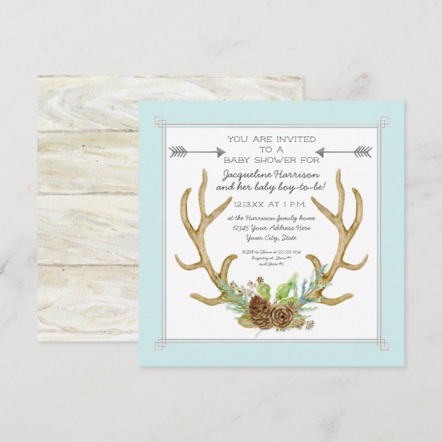 Square Deer Antler Pine Cone Ferns Baby Boy Shower Invitation (Front/Back)