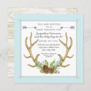 Square Deer Antler Pine Cone Ferns Baby Boy Shower Invitation
