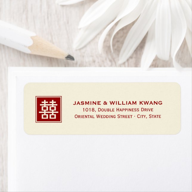 Square Double Happiness Classic Chinese Wedding Label (Insitu)