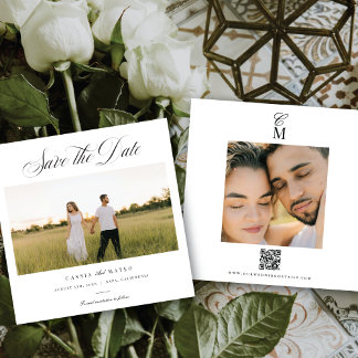 Square Elegant Script Monogram Save the Date Photo Announcement