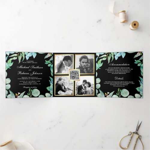 Square Eucalyptus Frame QR Code Black Wedding Tri_Fold Invitation