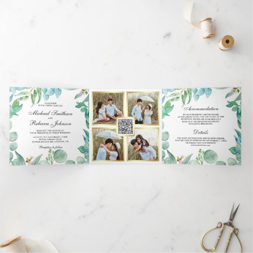 Square Eucalyptus Frame QR Code Wedding Tri_Fold Invitation
