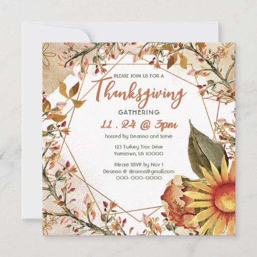 Square Fall Sunflower Thanksgiving  Invitation