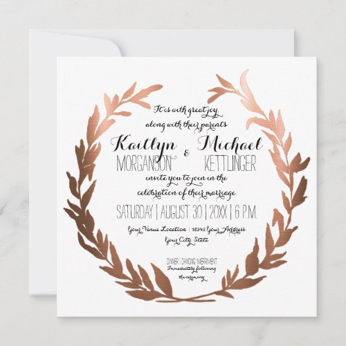 Square Faux Copper Laurel Wreath Olive Leaf Branch Invitation