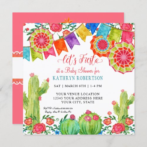 Square Fiesta Cactus Baby Shower Girl Paper Fan Invitation