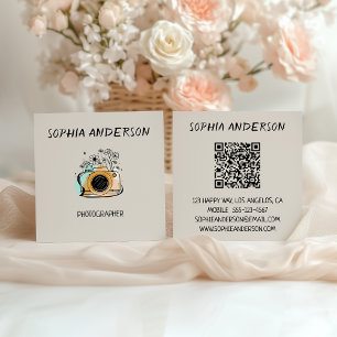 Square Floral Camera Photographer with QR Code Business Card