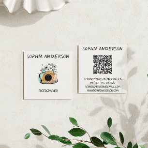 Square Floral Camera Photographer with QR Code Business Card