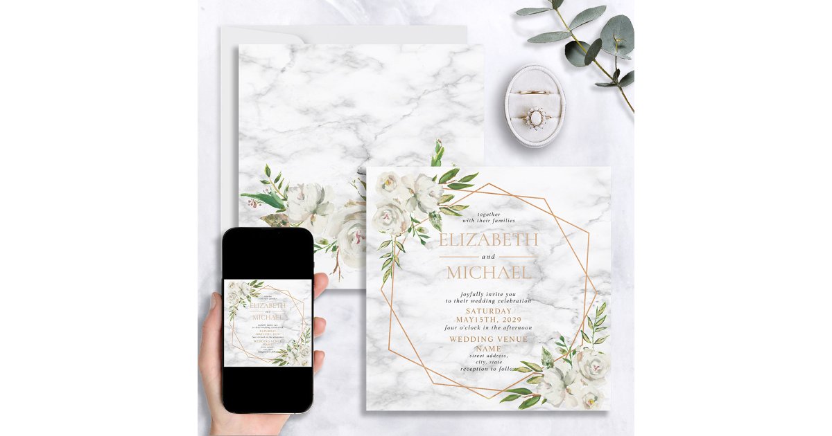 Square Floral Copper Geometric Marble Wedding Invitation | Zazzle