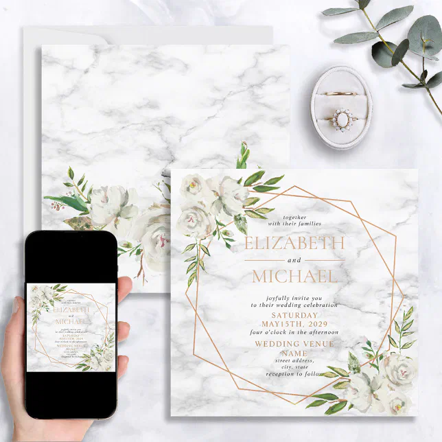 Square Floral Copper Geometric Marble Wedding Invitation | Zazzle