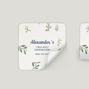 Square Floral Personalized First Communion Sticker