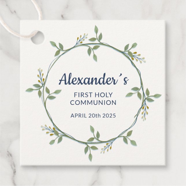 Square Floral Wreath Tag – Custom Communion Thanks (Front)