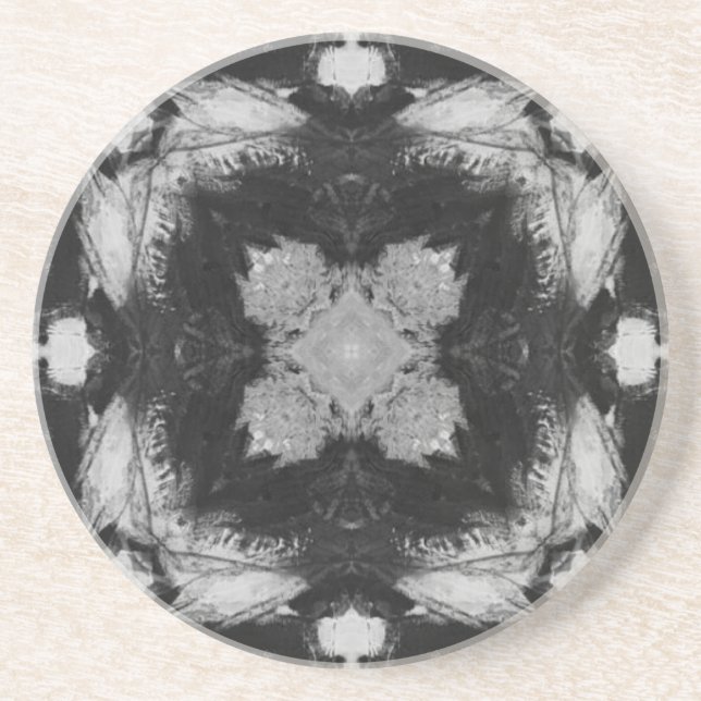 Square four pointed star gray black white charcoal coaster (Front)