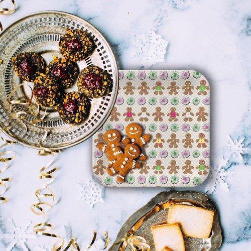 Square Gingerbread Boys and Girls Checks Paper Plates