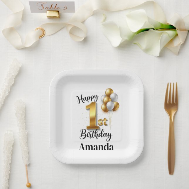 Square Gold Balloons Happy 1st Birthday Paper Plates (Wedding)