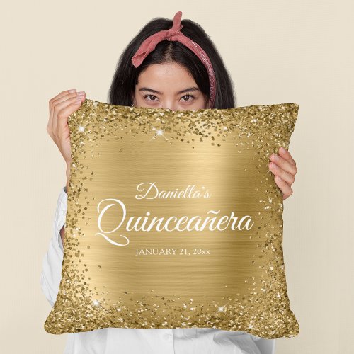Square Gold Glitter Border and Foil Quinceaera Throw Pillow