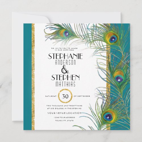 Square Gold Peacock Feather Modern Typography Invitation