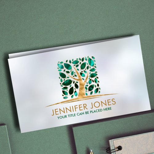 Square Gold  Tree of life Art_ Malachite leaves Business Card