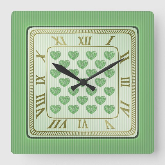 Square Green and White Tile Hearts Pattern Square Wall Clock (Front)