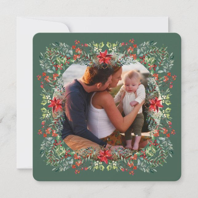  Square Green Christmas Botanicals Photo Holiday Card (Front)
