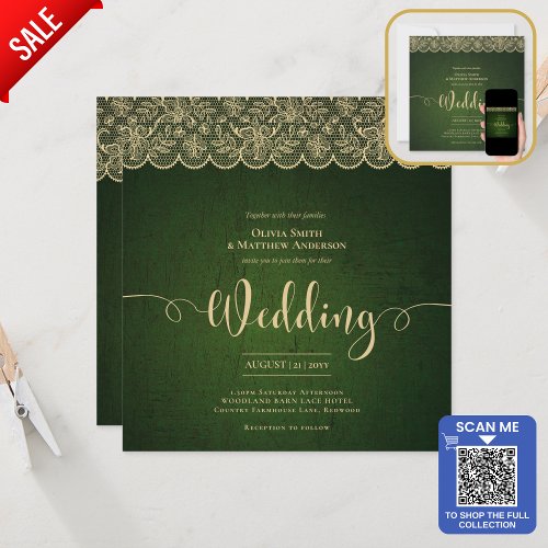 SQUARE Green Gold Lace Wedding Print or DOWNLOAD Invitation