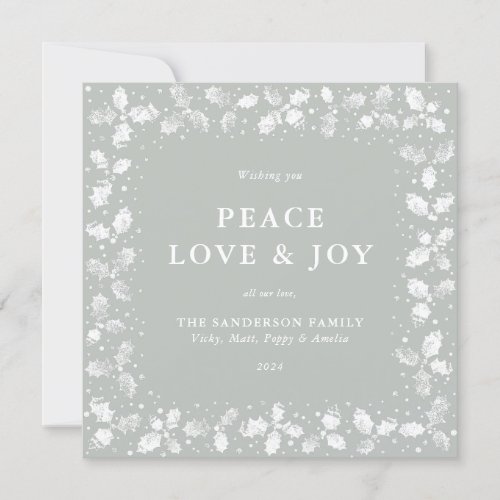 Square Green Hand Printed Holly Peace Love  Joy Holiday Card