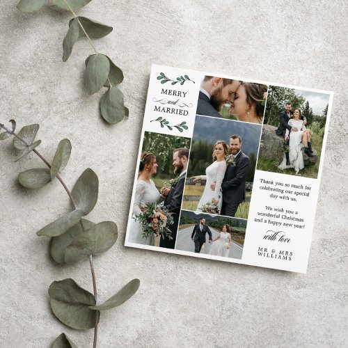 Square Green Mistletoe Merry Married Christmas Thank You Card