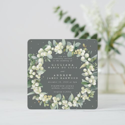 Square Green SnowberryEucalyptus Wreath Wedding Invitation