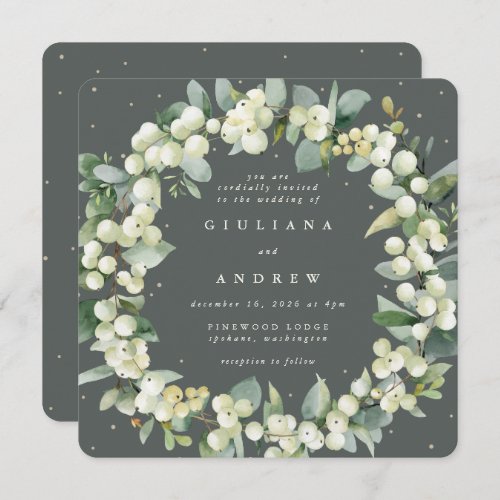 Square Green SnowberryEucalyptus Wreath Wedding Invitation