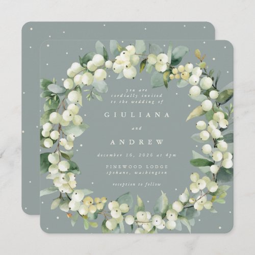 Square Green SnowberryEucalyptus Wreath Wedding Invitation